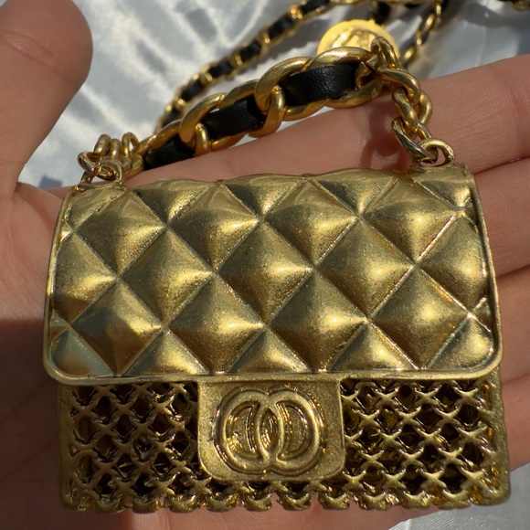 Anthropologe  Black Gold Chain Belt With Designer Mini Charm Bag